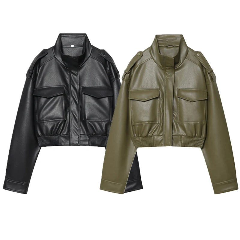 Cropped PU Leather Jacket