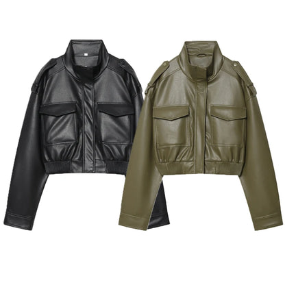 Cropped PU Leather Jacket