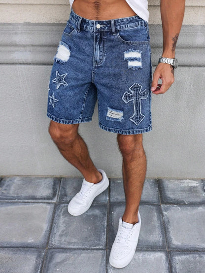 Embroidered Ripped Denim Shorts