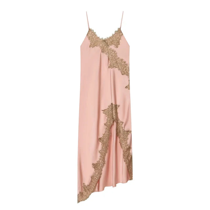 Satin Lace Asymmetric Midi Dress