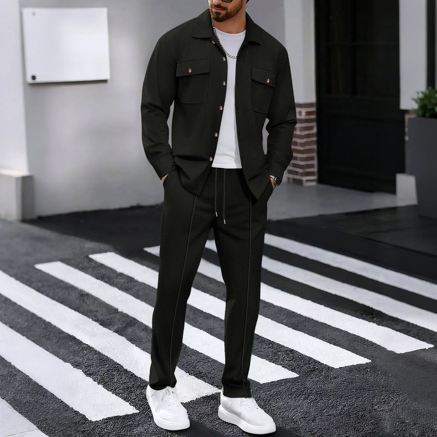 Waffle Long-Sleeve Cardigan Pants Set