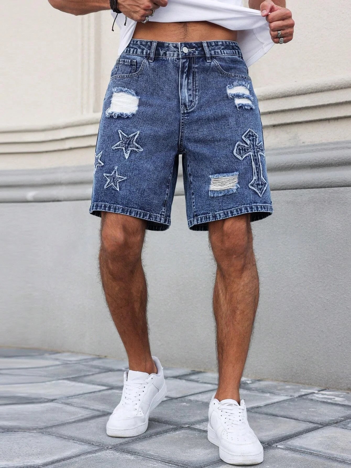 Embroidered Ripped Denim Shorts