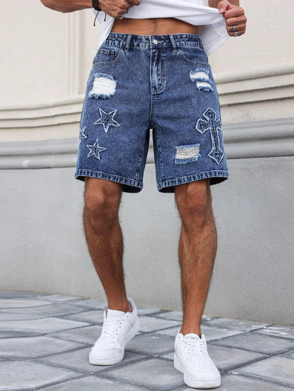 Embroidered Ripped Denim Shorts