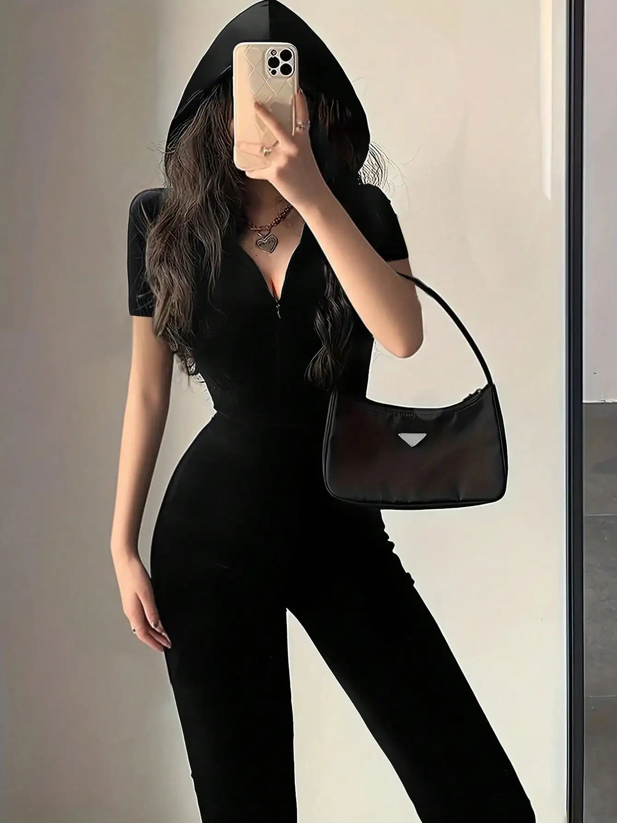 Hooded Velvet Zip-Front Jumpsuit