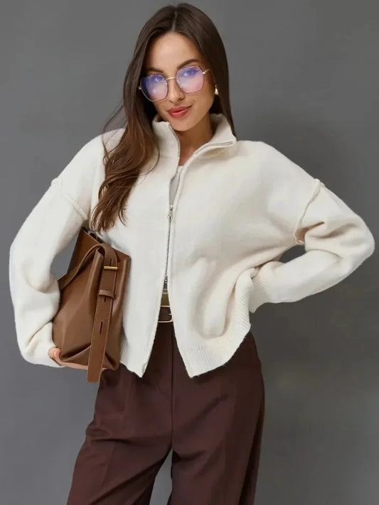 Oversized Stand Collar Zip Cardigan