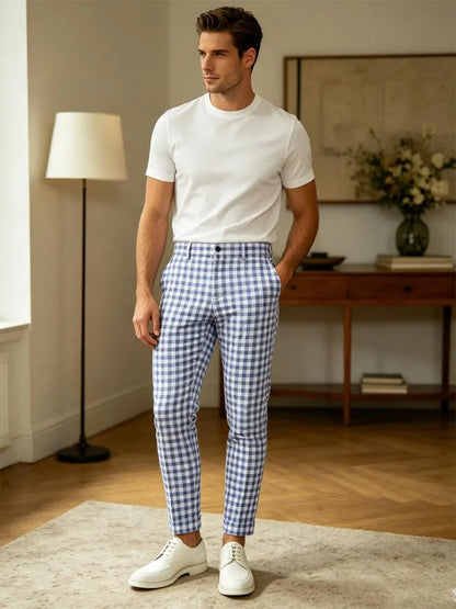 Blue White Checkered Slim Trousers