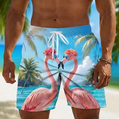 Rooster Flamingo Graphic Swim Trunks