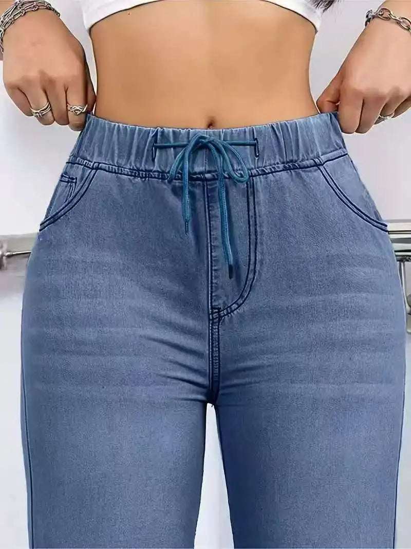 Elastic Drawstring Straight-Leg Jeans