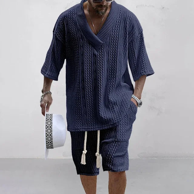 Knitted V-Neck T-Shirt Shorts Set