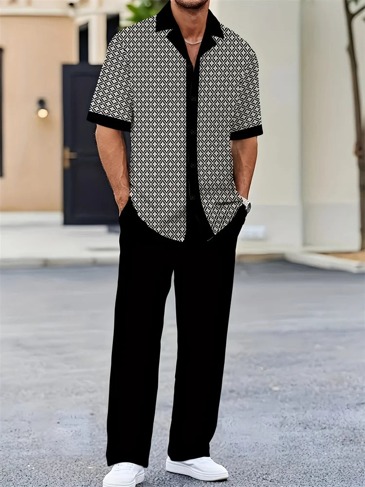 Striped 3D Print Lapel Shirt Set