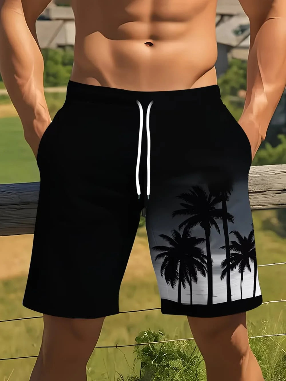 Coconut Tree Print Swim Trunks