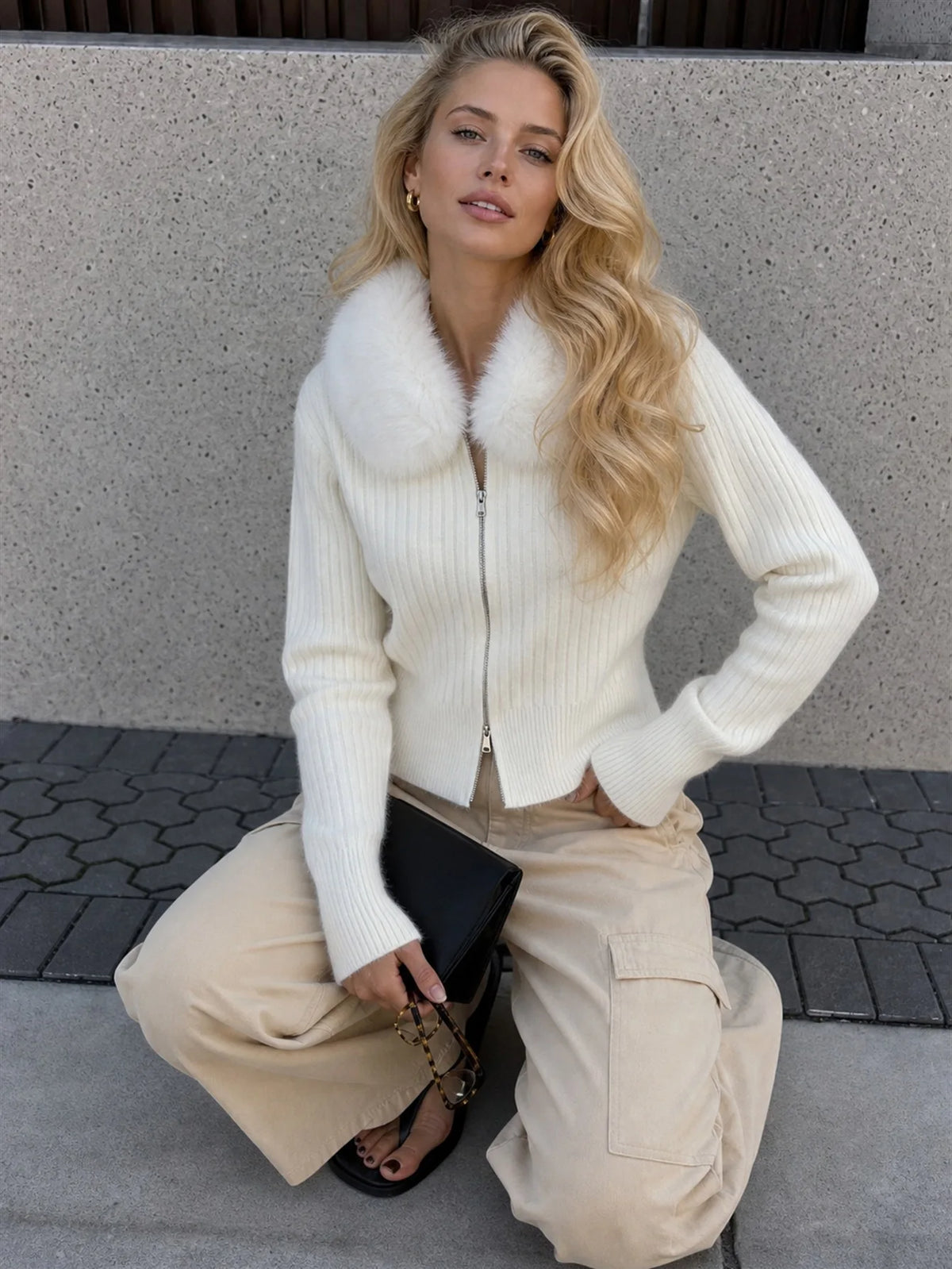 Faux Fur Collar Zip Cardigan