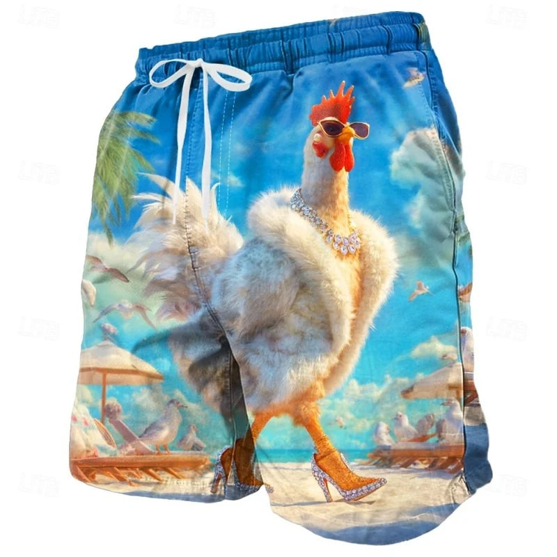 Rooster Flamingo Graphic Swim Trunks