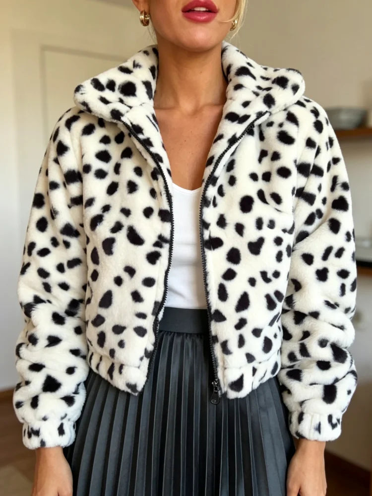 Dalmatian Print Cropped Zip Jacket
