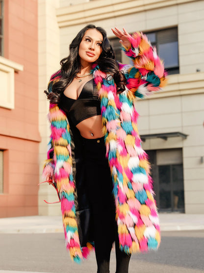 Rainbow Long Faux Fur Coat