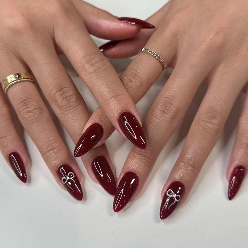 Wine Red Almond Press On Nails