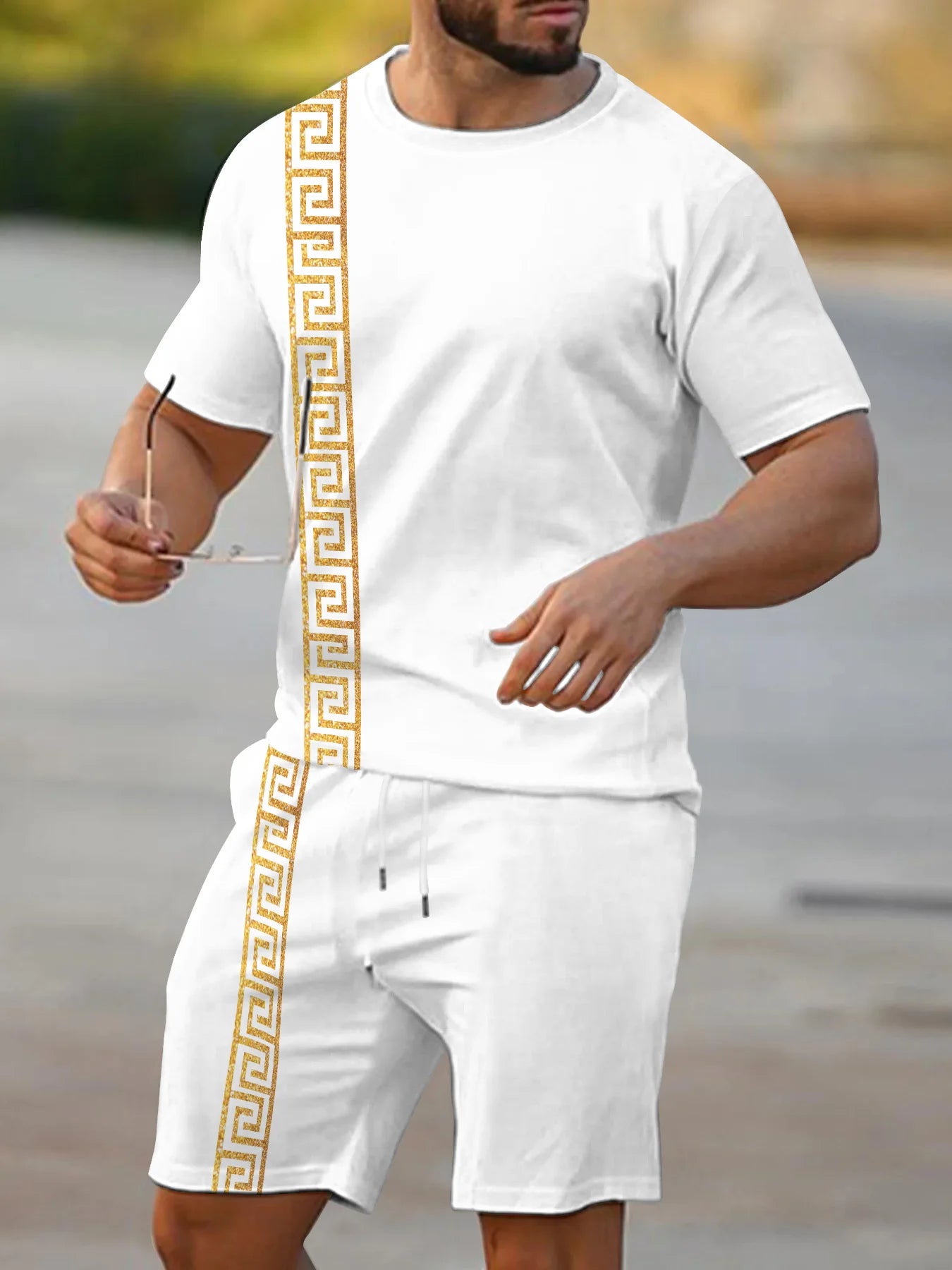 Striped Print Short-Sleeve Sports Set
