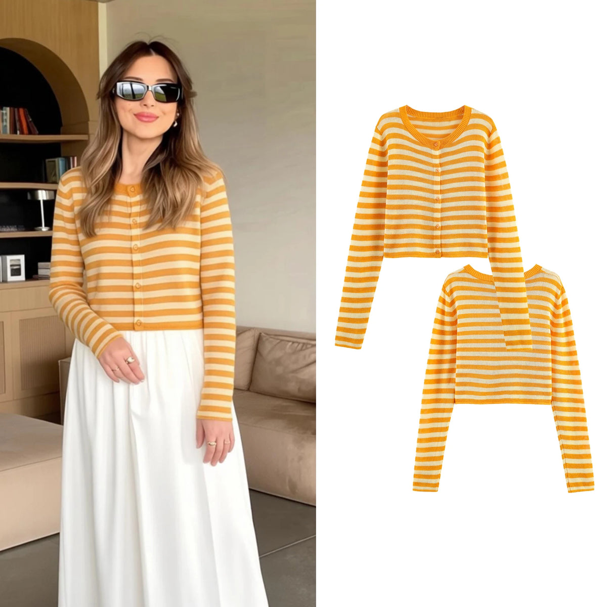 Orange Striped Cropped Cardigan