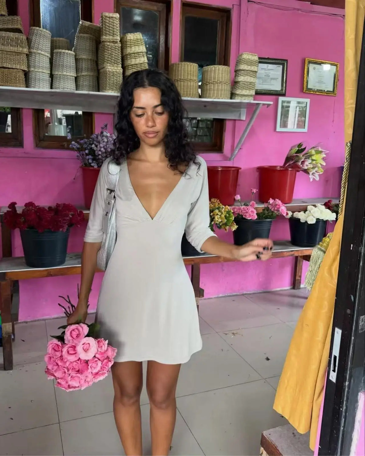 Half-Sleeve V-Neck Mini Dress