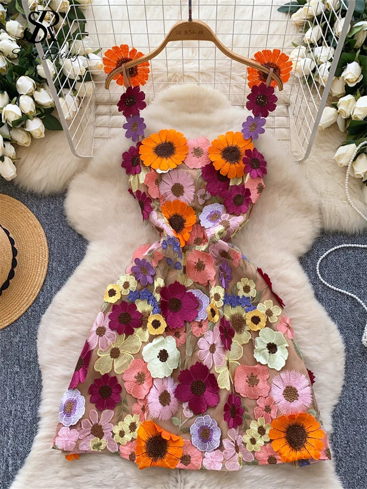 SINGREINY Chic Embroidery Strap Mini Dress