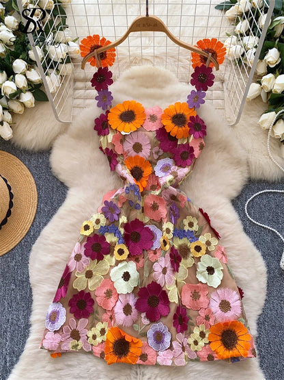 SINGREINY Chic Embroidery Strap Mini Dress