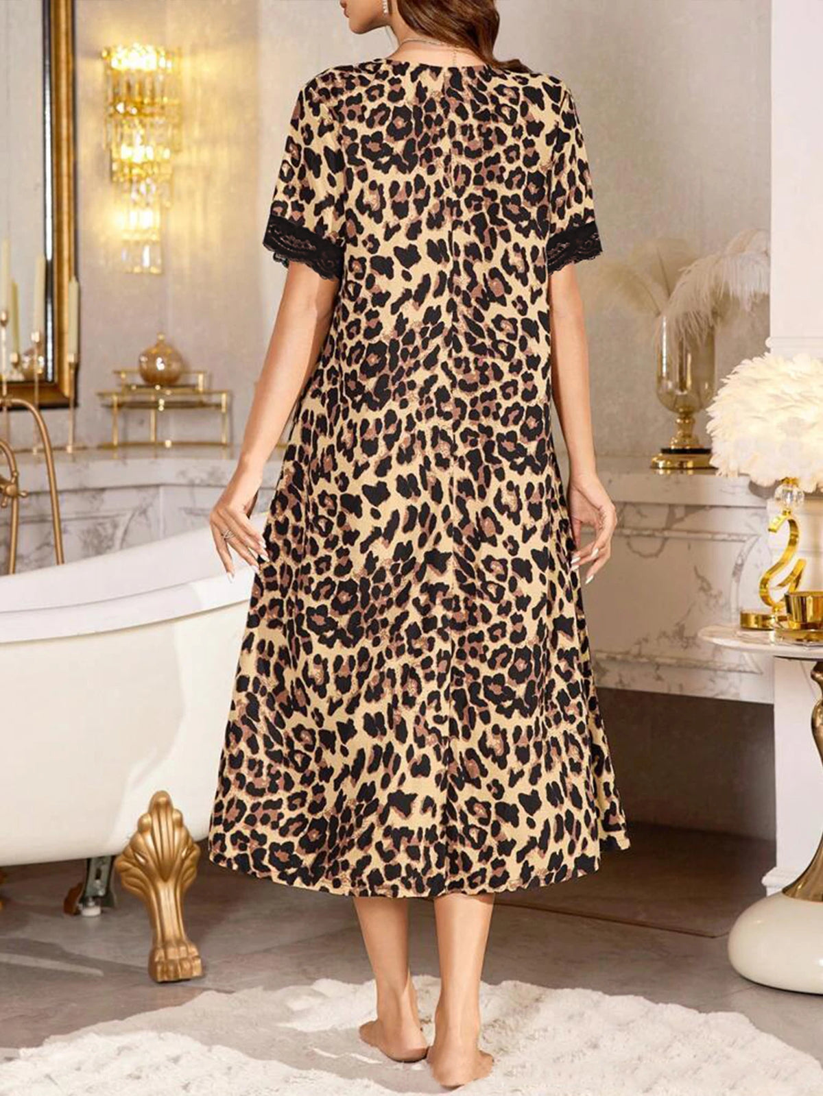 Leopard Print Lace Short-Sleeve Nightgown