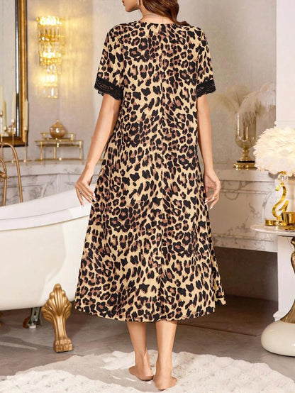 Leopard Print Lace Short-Sleeve Nightgown