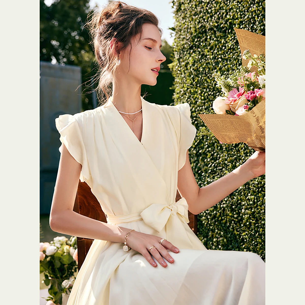 Flying-Sleeve V-Neck Midi Dress