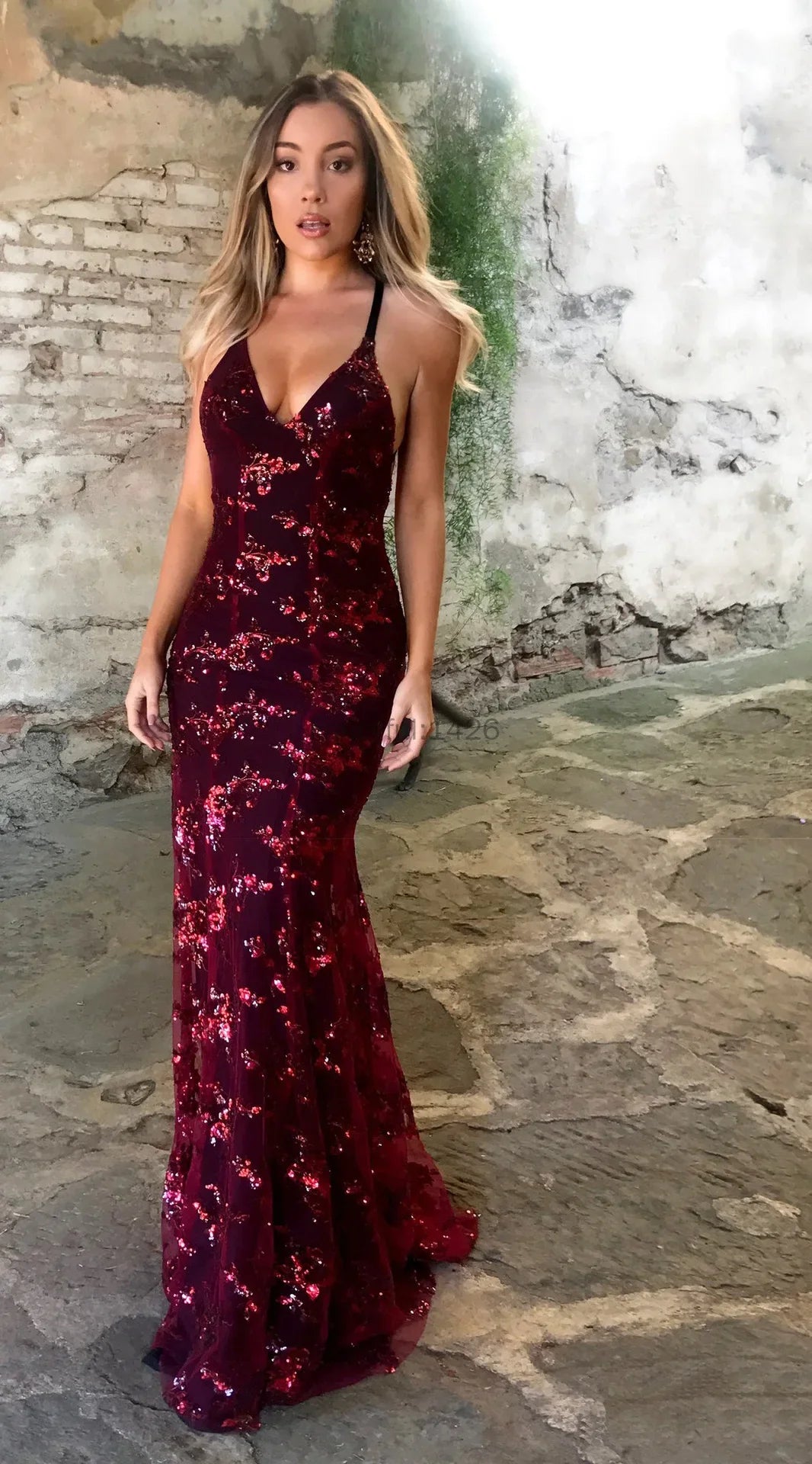Sequin Backless V-Neck Dress