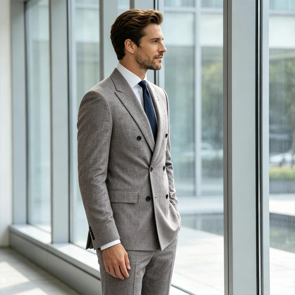 Linen Double-Breasted Peak-Lapel Suit