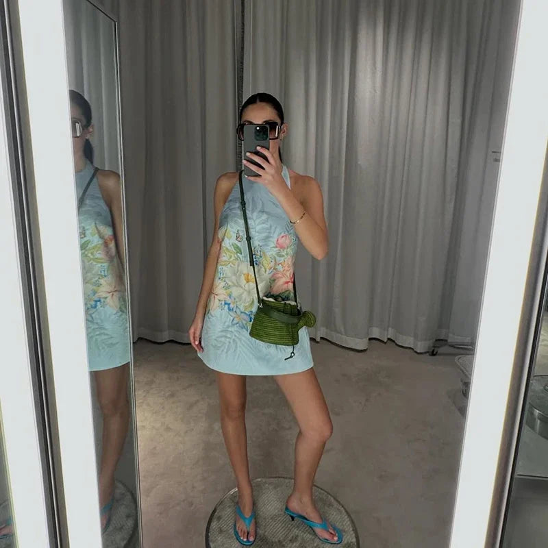 Floral Halter Backless Mini Dress