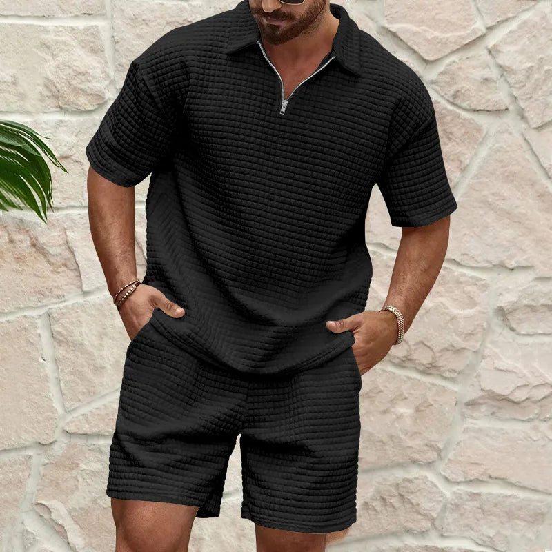 Plaid Lapel Short-Sleeve Sports Suit